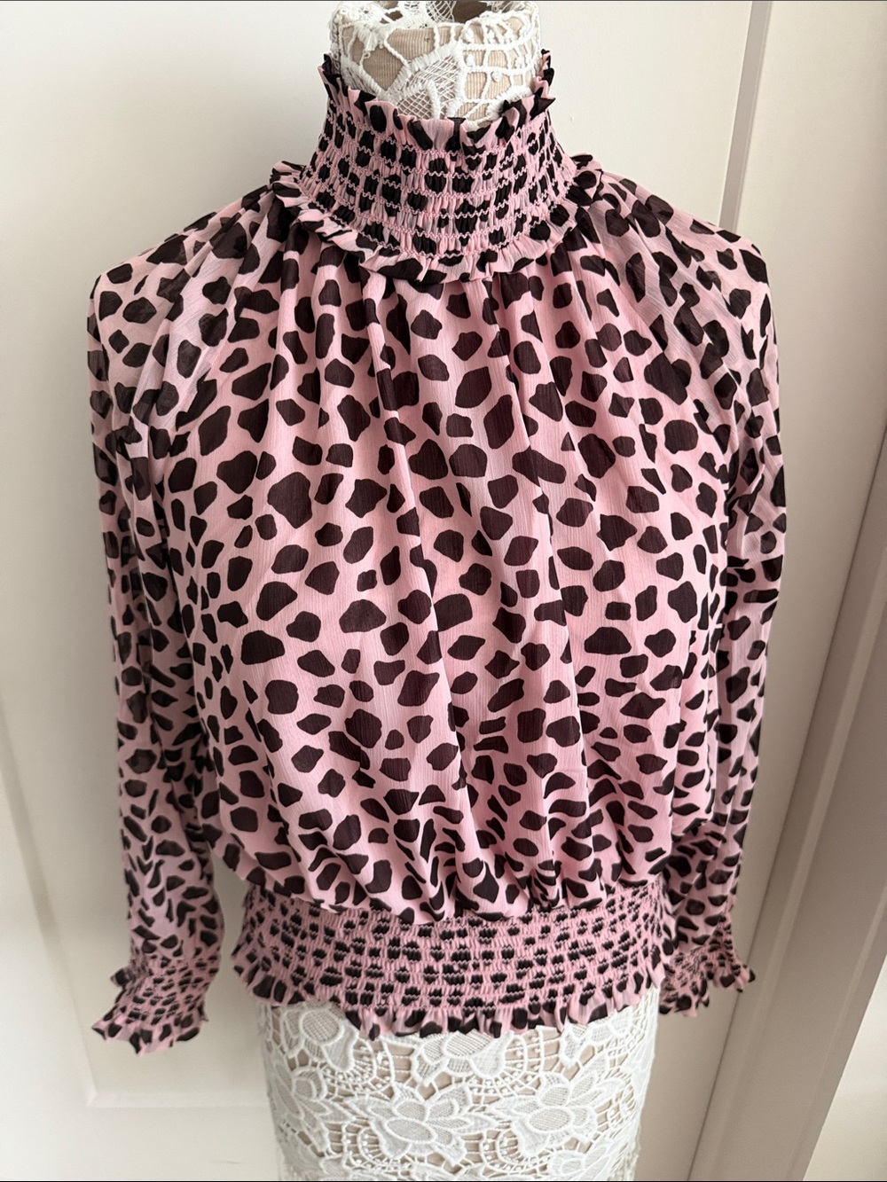 Ann Taylor Pink and Black Smocked High Neck Leopard Blouse